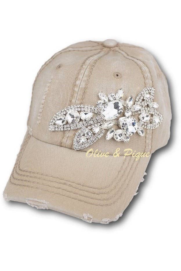 Floral Bejeweled Bling Glitz Cap, Adjustable: Black