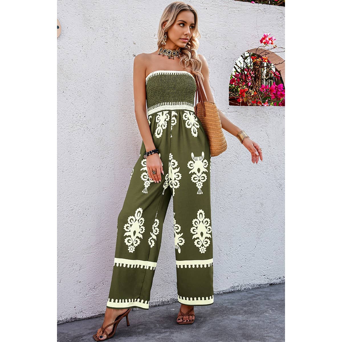 Geo Print Off Shoulder High Waist Fit Jumpsuit: Khaki / 2XL
