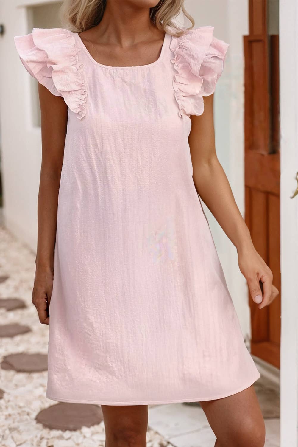 LDC Textured Flutter Sleeve Square Neck Bow Back Mini Dress: Light Pink / M