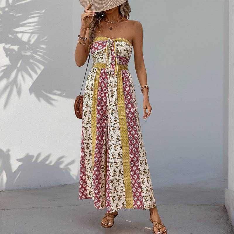 Strapless Smocked Romper Tube Top Flare Trousers Jumpsuit: Black / 100%Viscose / S