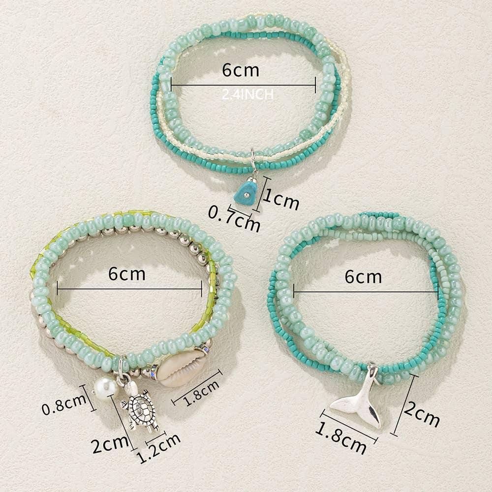 Ocean Style Pendant Glass Rice Bead Multi-layer Bracelet: Green / Medium
