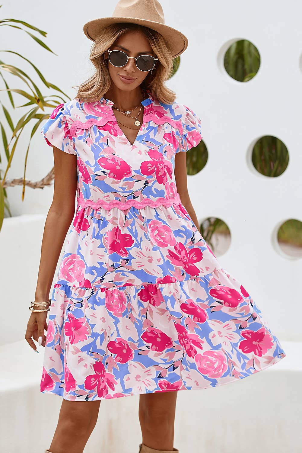 LDC Floral V Notched Ric Rac Flutter Sleeve Dress: Pink / XL