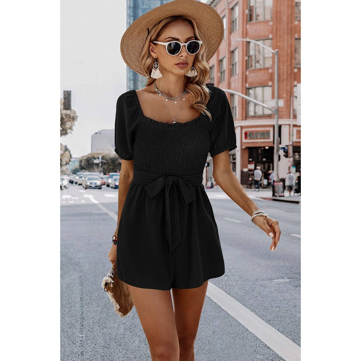 Solid Smocked Square Neck Waist Tie Romper: GREY BLUE / S