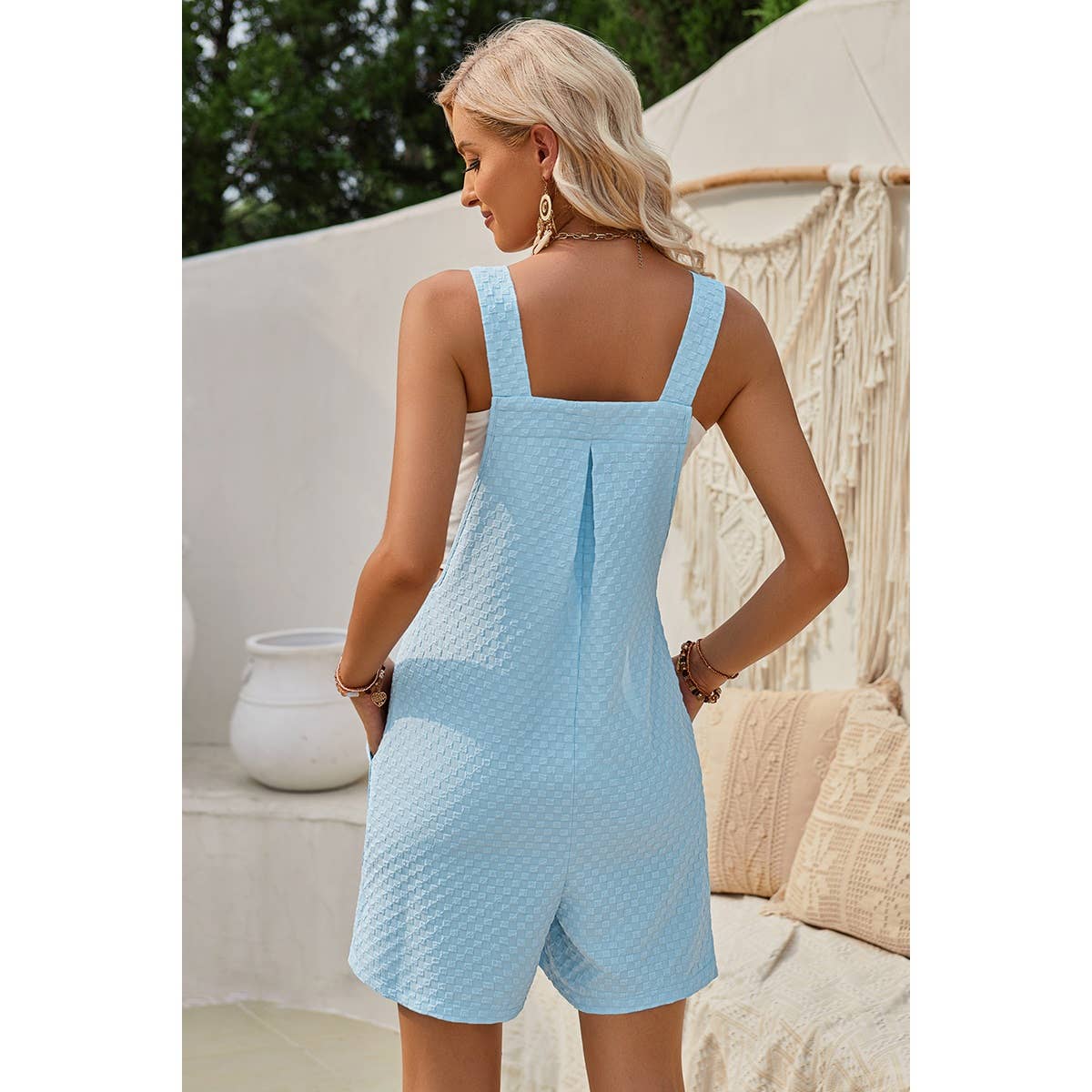 Sleeveless Jacquard Adjustable Strap Romper: Sky Blue / M