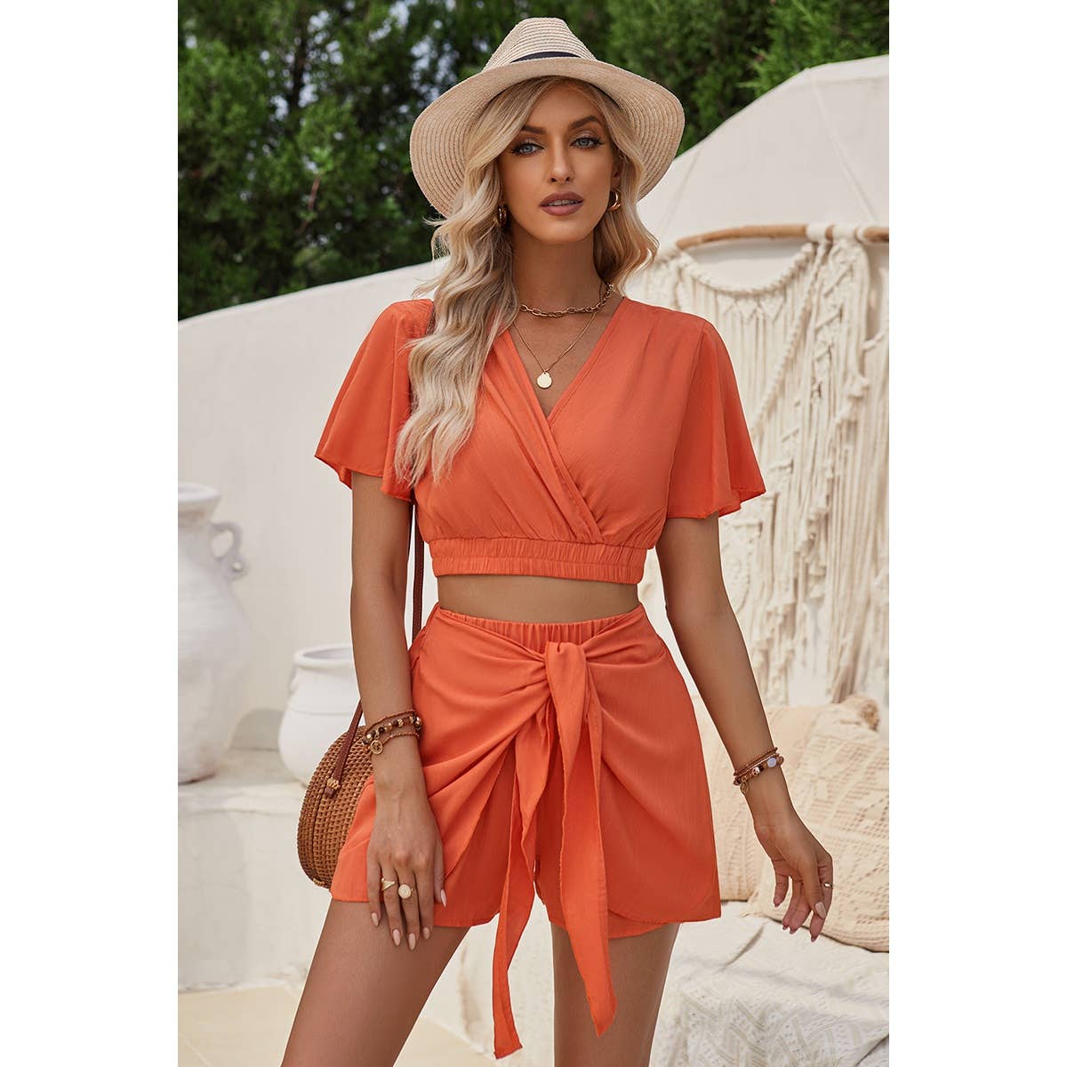 Two Pieces Cross Knot Elastic Waist Soild Sets: Rust / XL