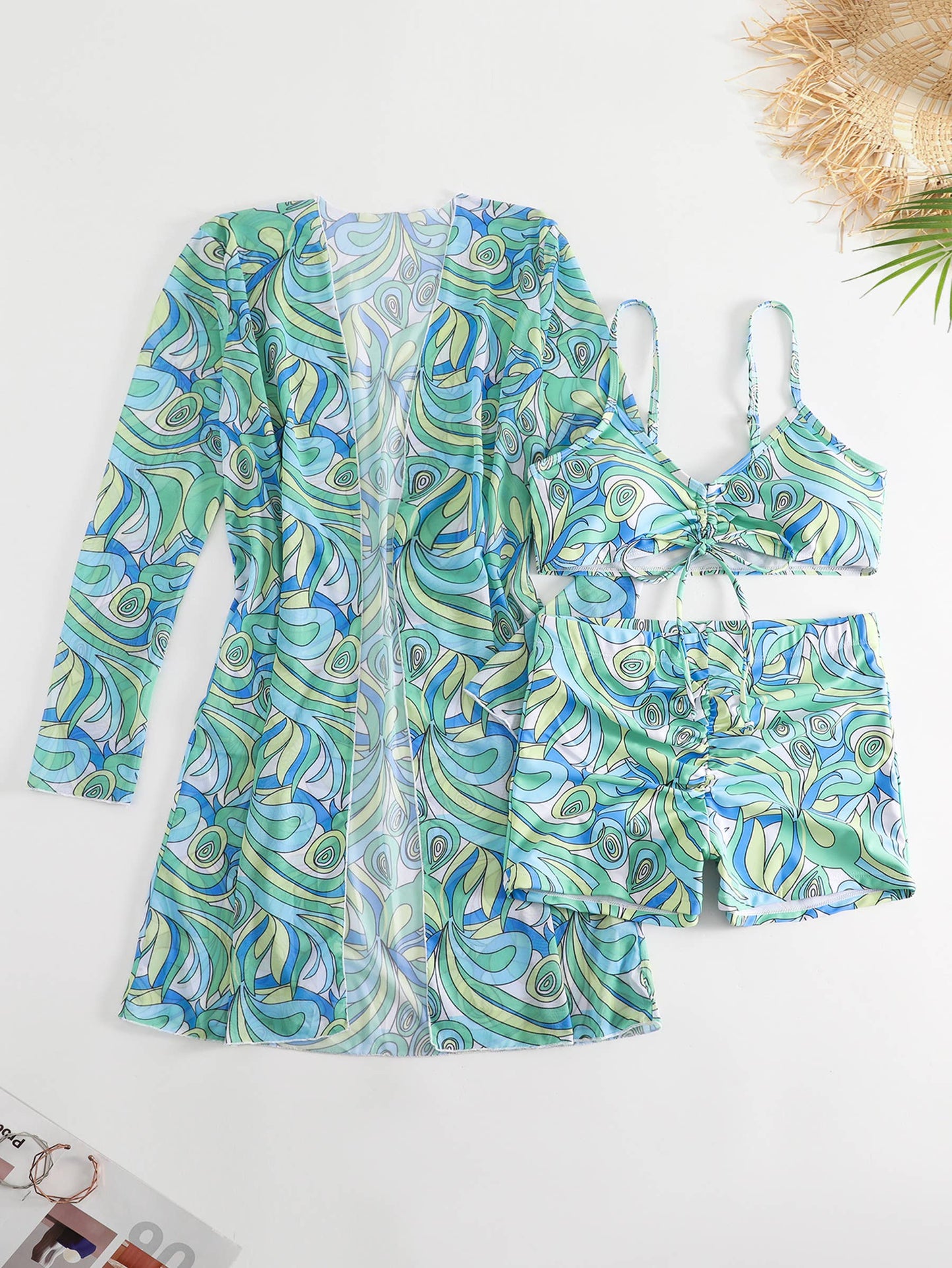 Swimsuit Split Three Piece Set High Waisted Long Sleeved Top: Orange / S
