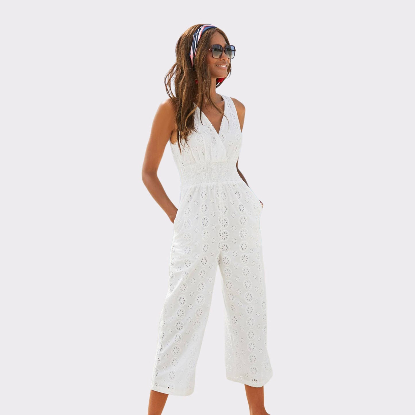 LASCANA Women's Sleeveless Eyelet Jumpsuit: White / 8