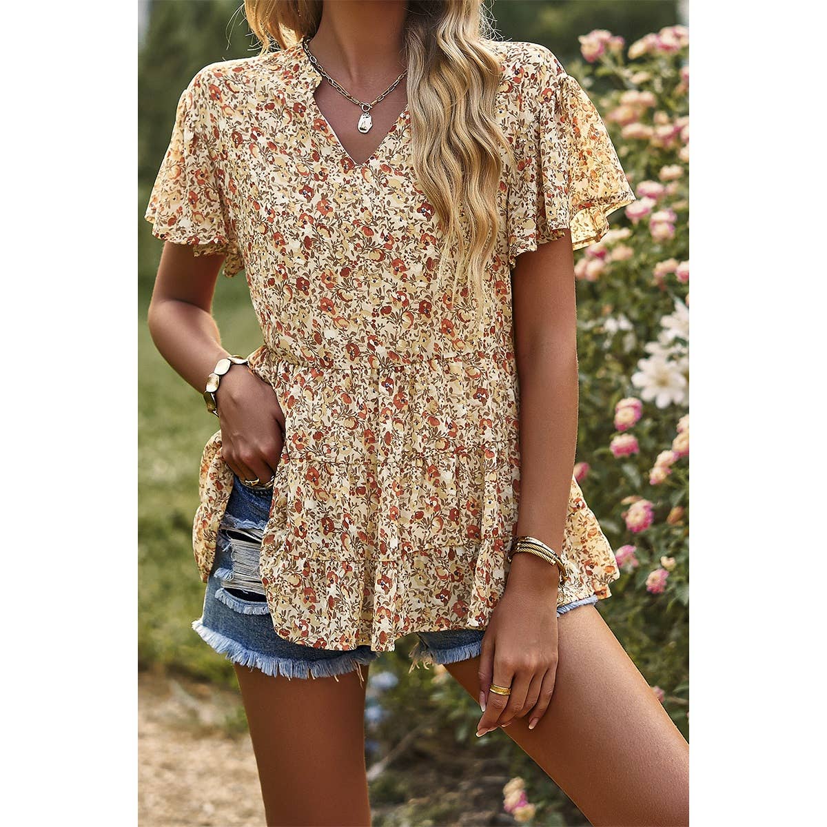 Floral Print Tie Neck Babydoll Blouse: APRICOT / M