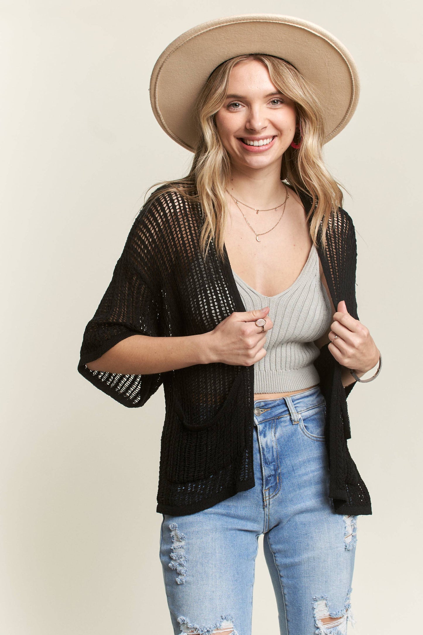 LEJ2144 - FISHNET KNIT SHORT SLEEVE CARDIGAN: Natural / M