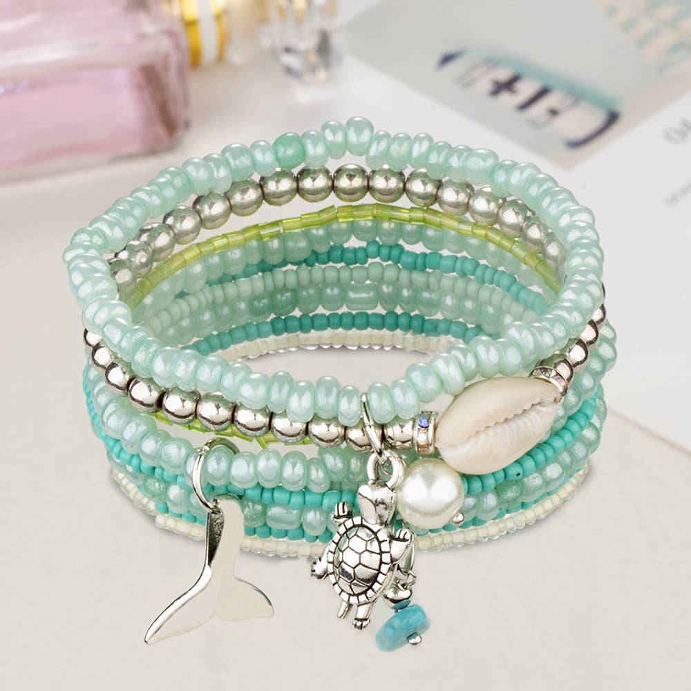 Ocean Style Pendant Glass Rice Bead Multi-layer Bracelet: Green / Medium
