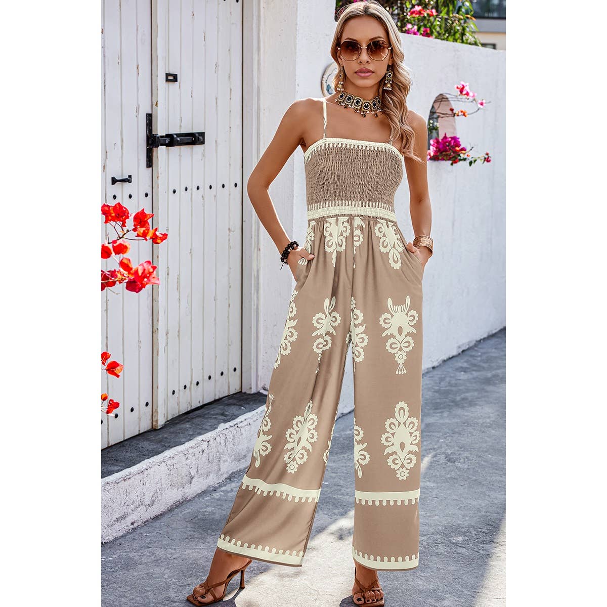 Geo Print Off Shoulder High Waist Fit Jumpsuit: Khaki / XL