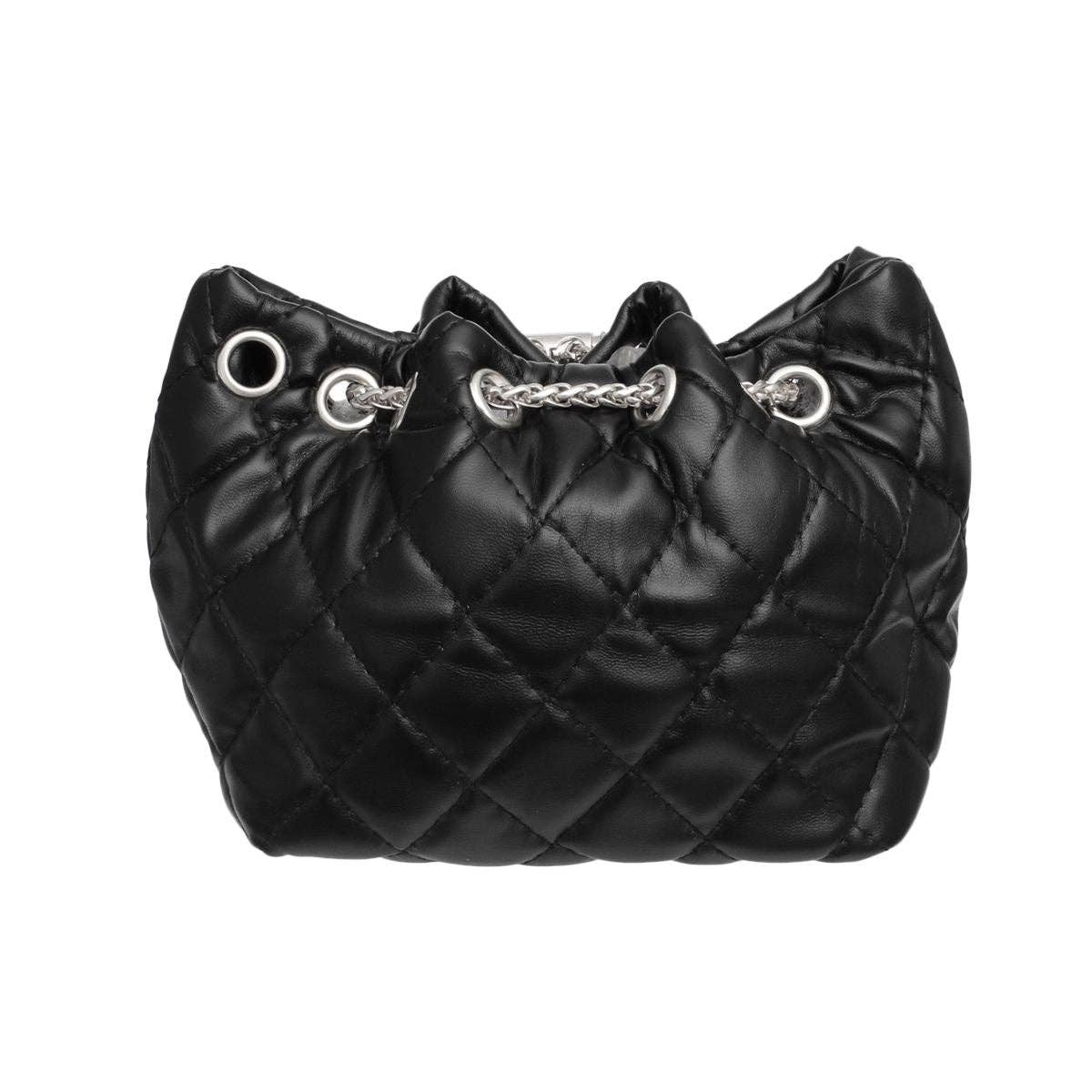 Mini Bucket Black Quilted Silver Camellia Luxe Bag: Black / Rhodium / 9 x 4 x 5.5 inches