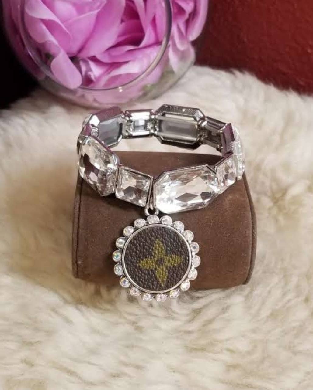 Upcycled LV bling stretchy bracelet