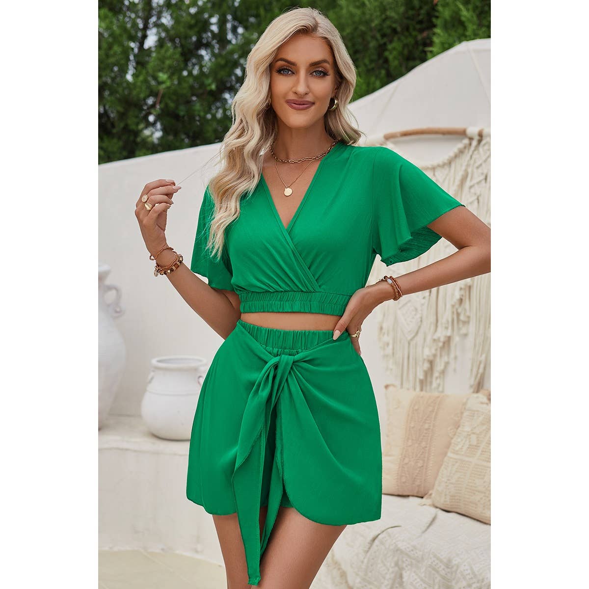 Two Pieces Cross Knot Elastic Waist Soild Sets: Rust / M