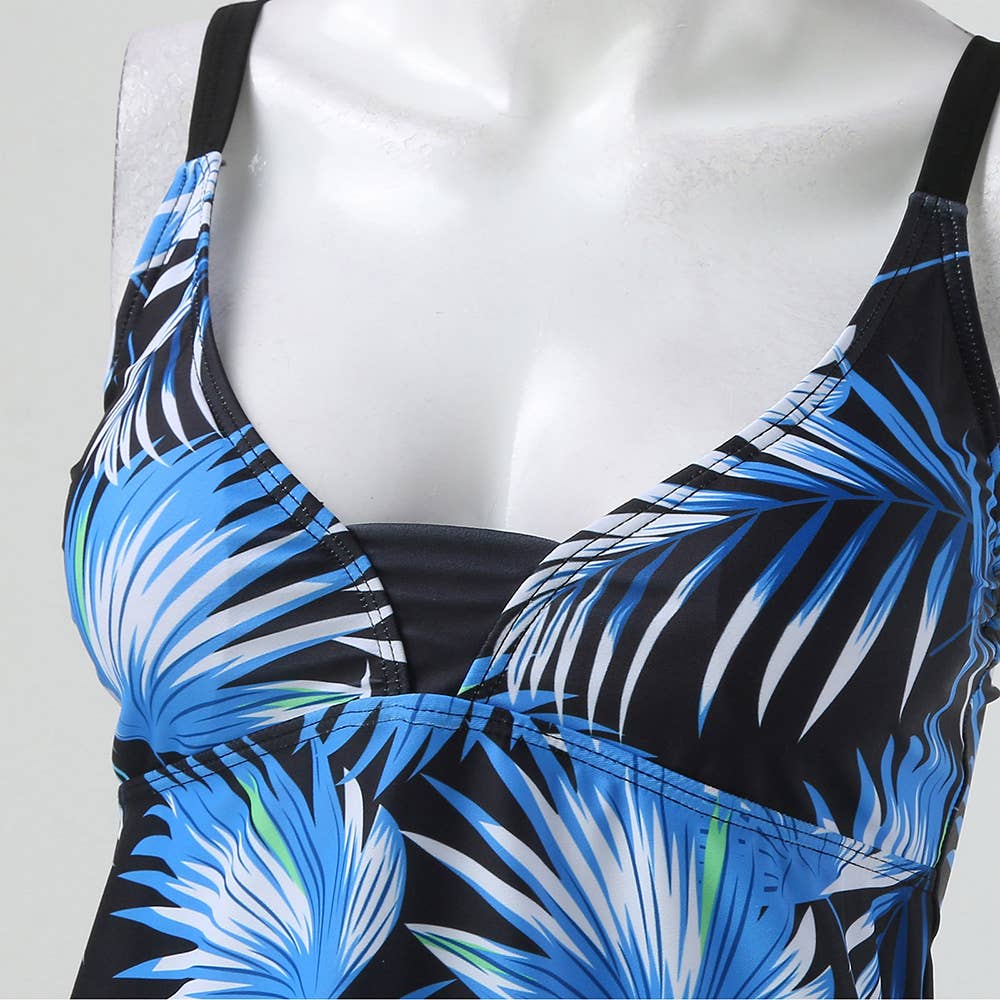 Printed Swimsuit Tankini With Underwear: Blue / 2XL