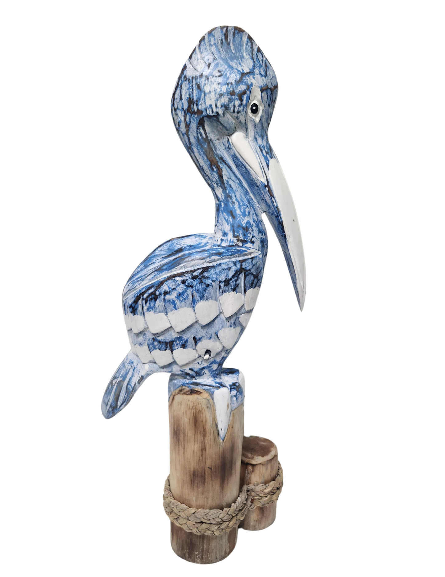 25" Tall Three Post Hand Carved Nautical Wood Pelican Statue: Teal