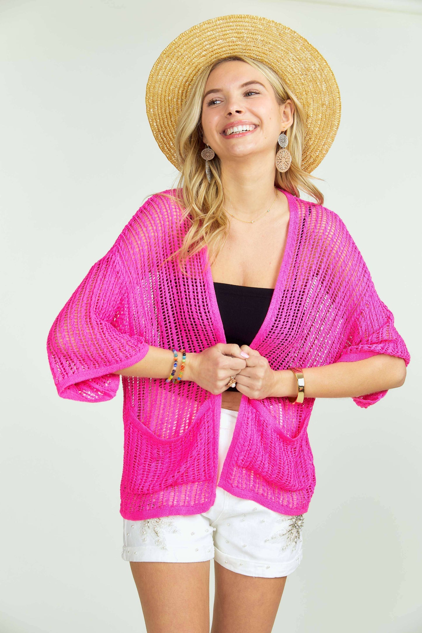 LEJ2144 - FISHNET KNIT SHORT SLEEVE CARDIGAN: BLACK / S