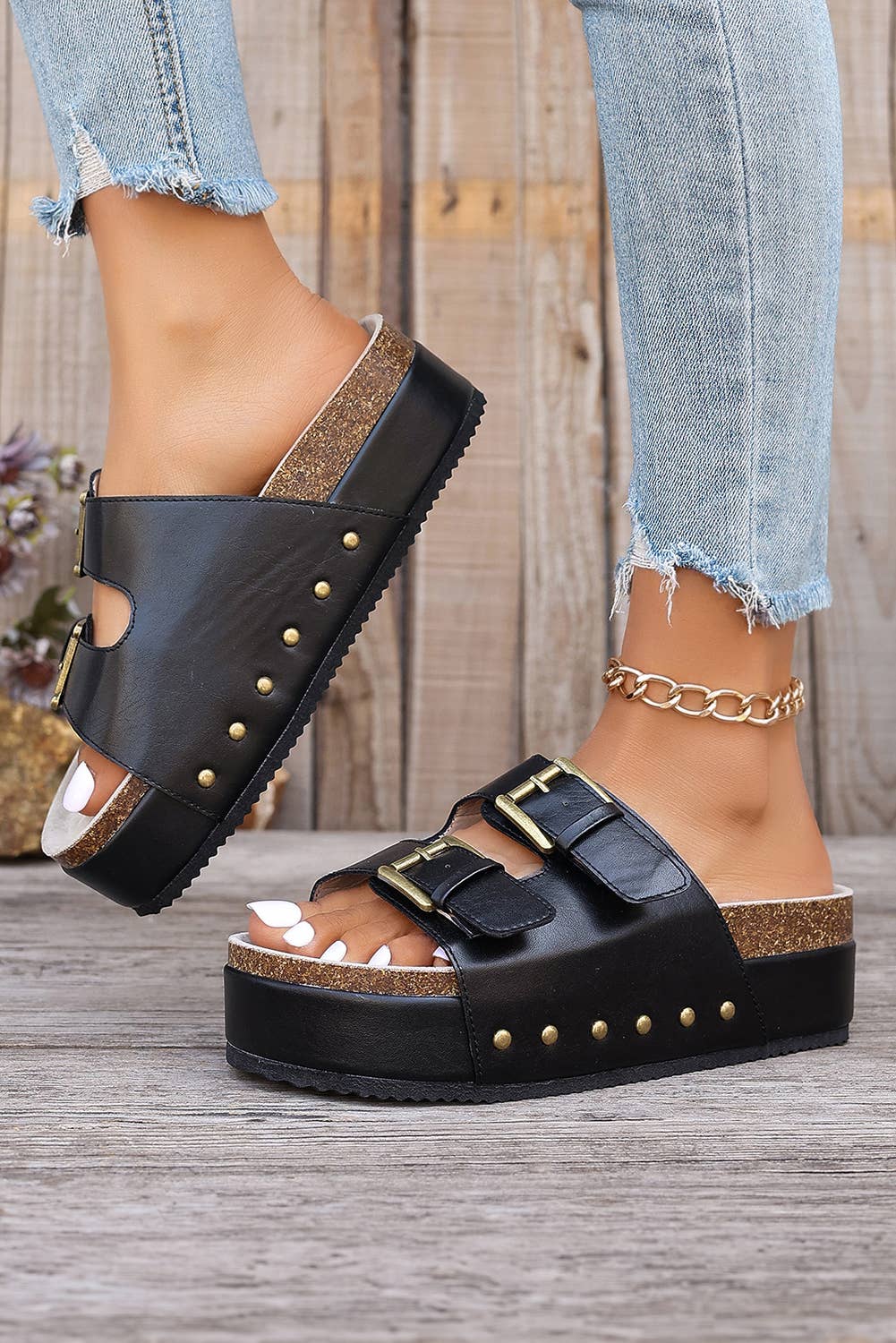 Dual Buckle Studded Platform Sandal Slippers: Chestnut / (US 6)37
