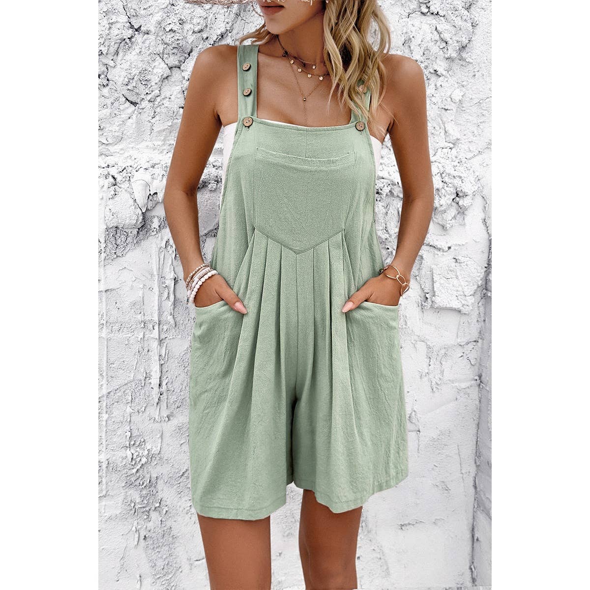 Square Neck Pockets Button Tirm Ruched Romper: BLACK / M