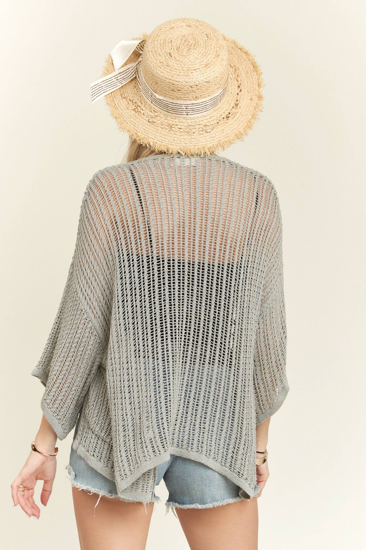 LEJ2144 - FISHNET KNIT SHORT SLEEVE CARDIGAN: BLACK / M