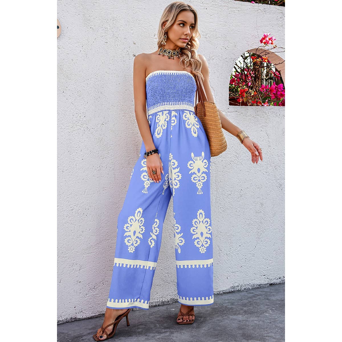Geo Print Off Shoulder High Waist Fit Jumpsuit: Khaki / M