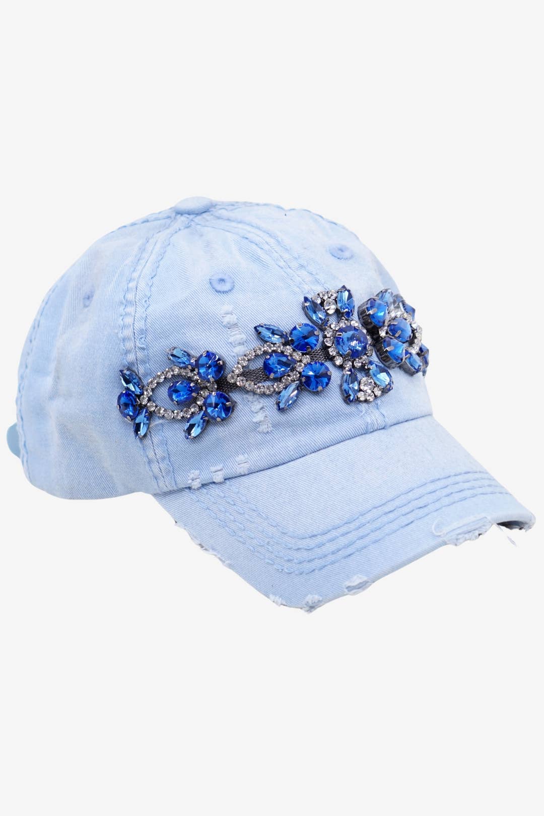 Bejeweled Bling Glitz Distressed Cap, Adjustable: Black