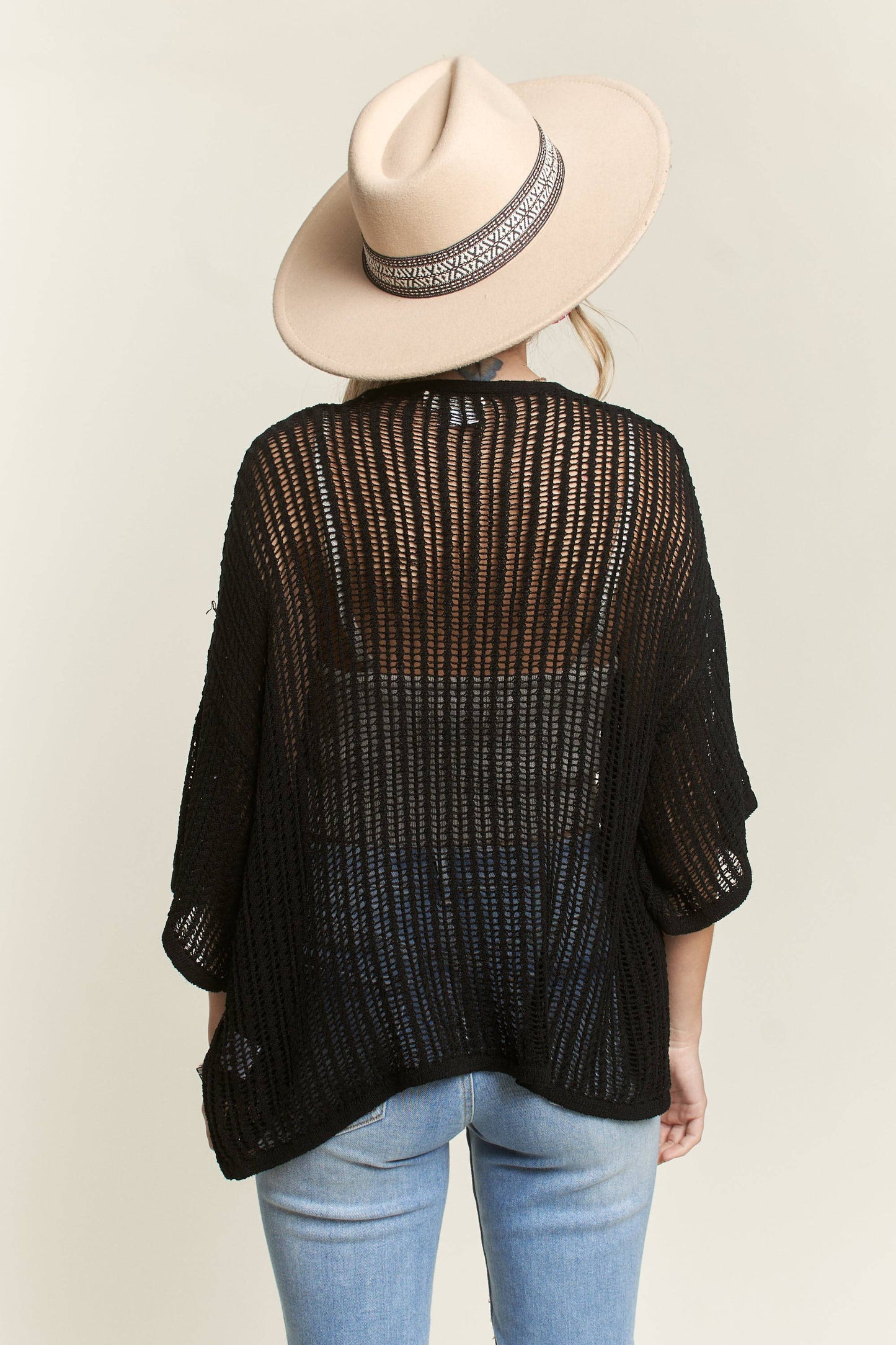 LEJ2144 - FISHNET KNIT SHORT SLEEVE CARDIGAN: BLACK / S