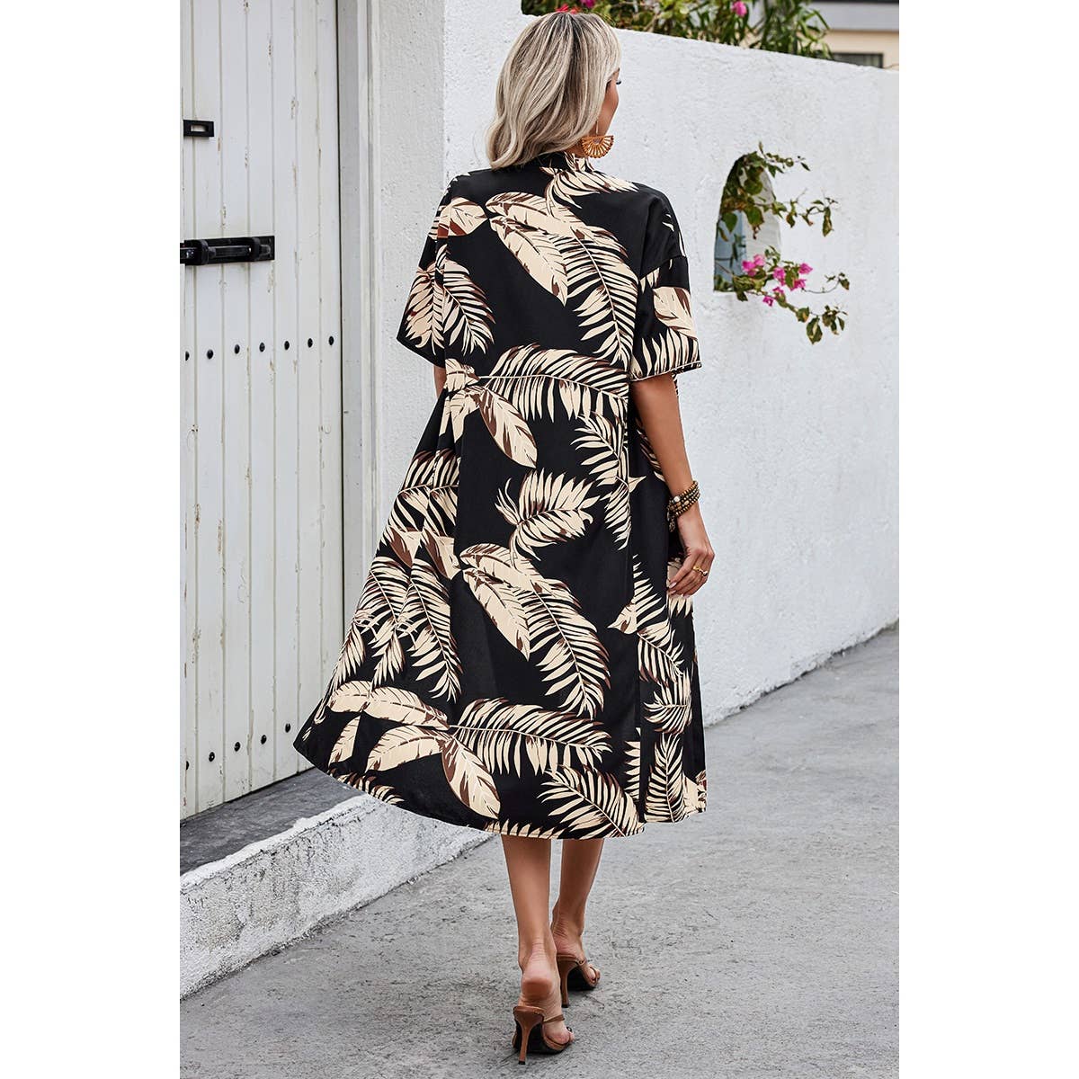 Two Pieces Leaves Print Elastic Waist Short Sets: BLACK / S