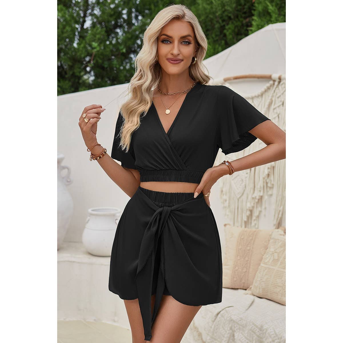 Two Pieces Cross Knot Elastic Waist Soild Sets: Rust / M