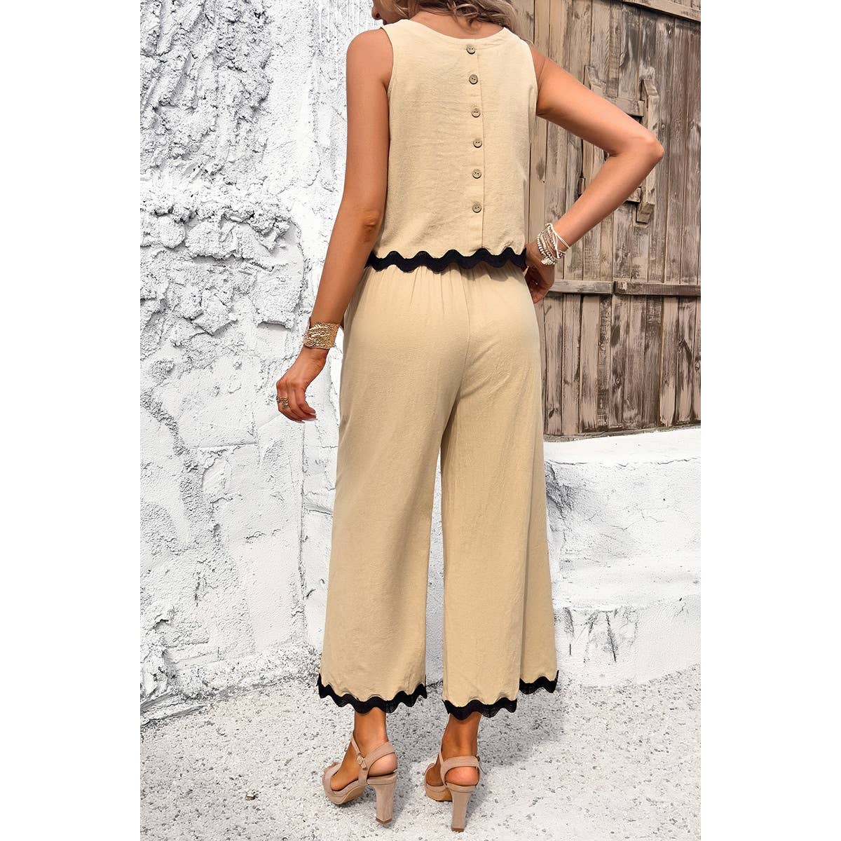 Two Pieces Printed Sleeveless Pockets Sets: BEIGE / L