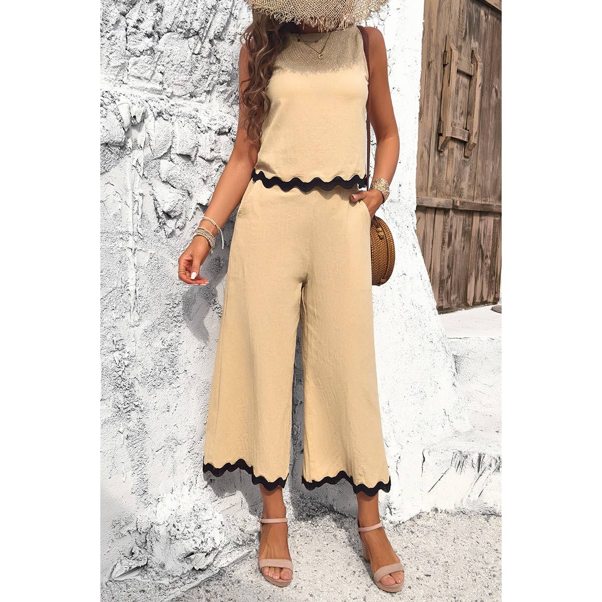 Two Pieces Printed Sleeveless Pockets Sets: BEIGE / L