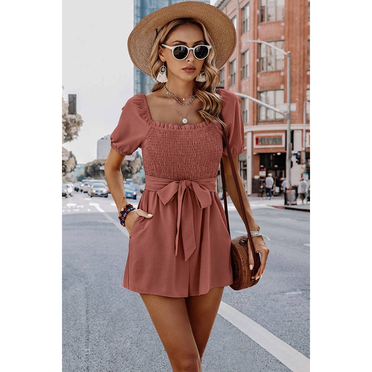 Solid Smocked Square Neck Waist Tie Romper: GREY BLUE / XL