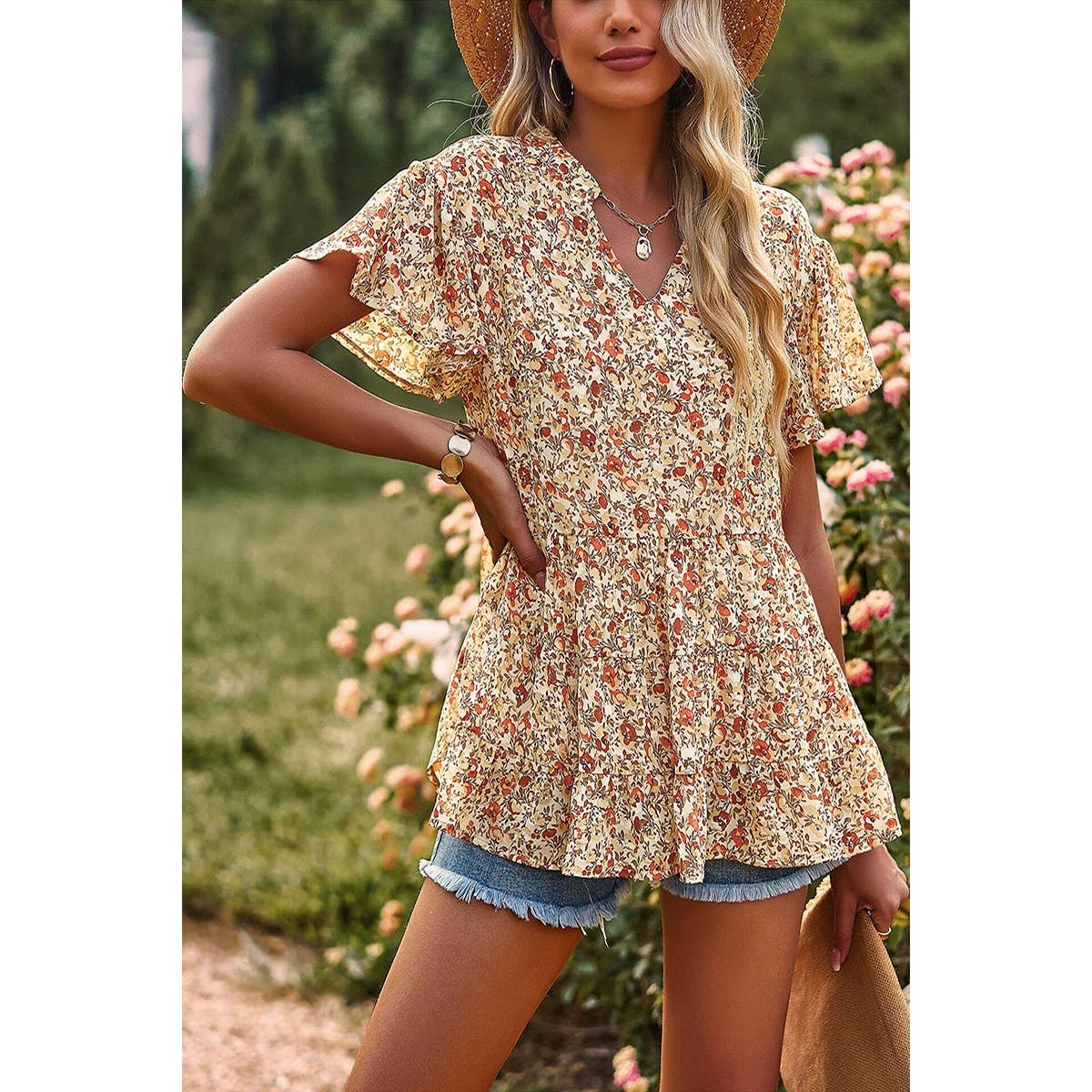 Floral Print Tie Neck Babydoll Blouse: APRICOT / L