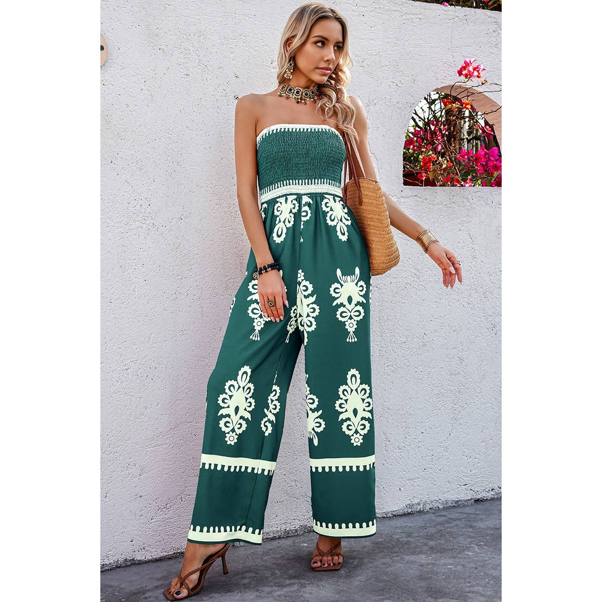 Geo Print Off Shoulder High Waist Fit Jumpsuit: Khaki / M