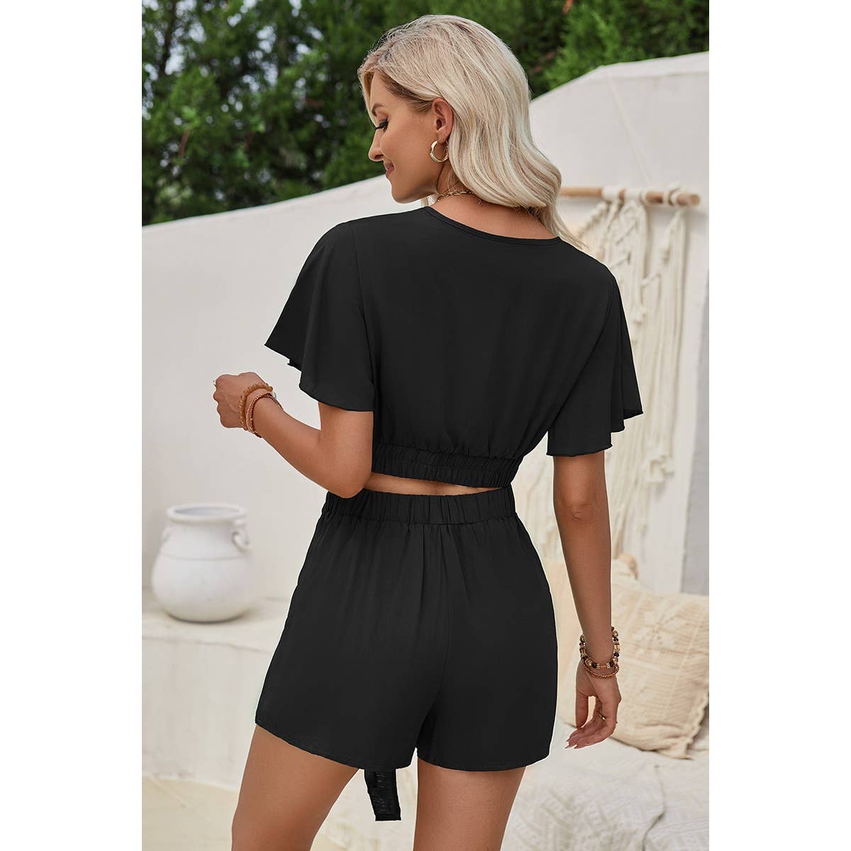 Two Pieces Cross Knot Elastic Waist Soild Sets: BLACK / S