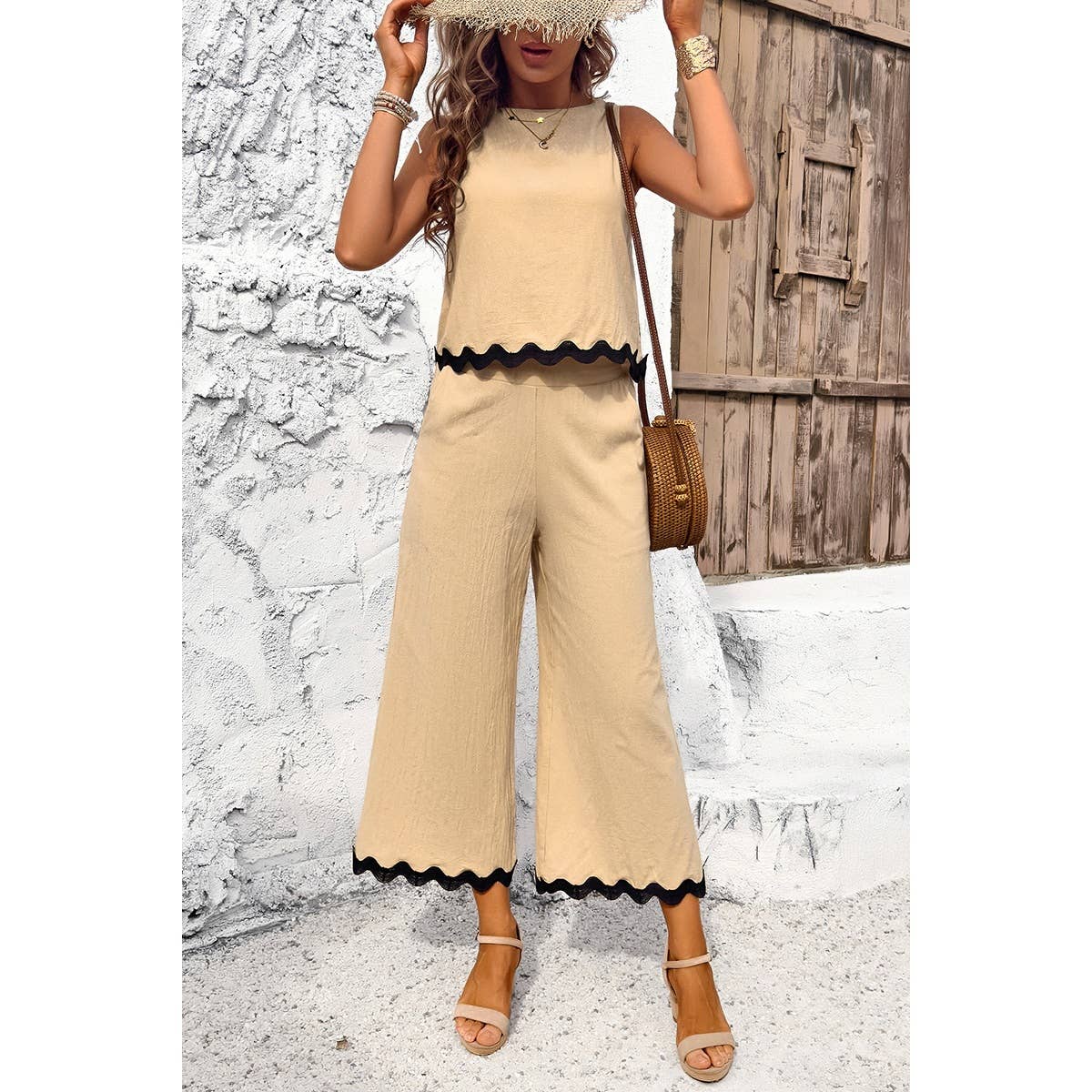 Two Pieces Printed Sleeveless Pockets Sets: BEIGE / L