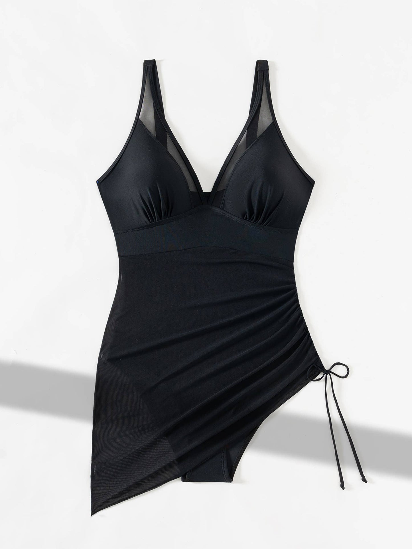Mesh Drawstring Sexy Slim Fit One-piece Swimsuit: Black / S