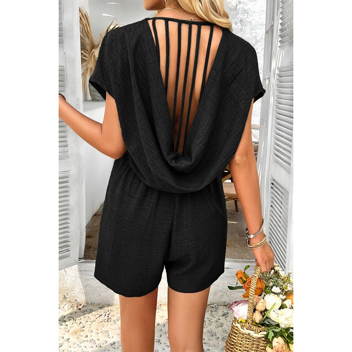 Solid Deep V Neck Drop Shoulder Loose Pockets Romper: BLACK / L