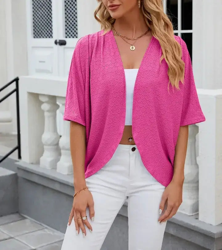 Short Sleeve Cardigan Lightweight Open Front Knit Sweaters: White / 65%Rayon 30%Polyester 5%Spandex / M