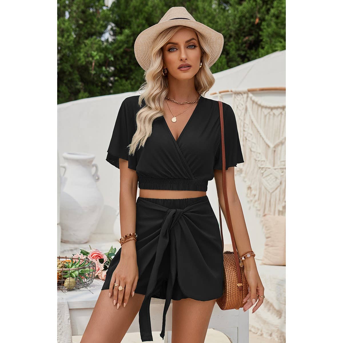Two Pieces Cross Knot Elastic Waist Soild Sets: Rust / XL