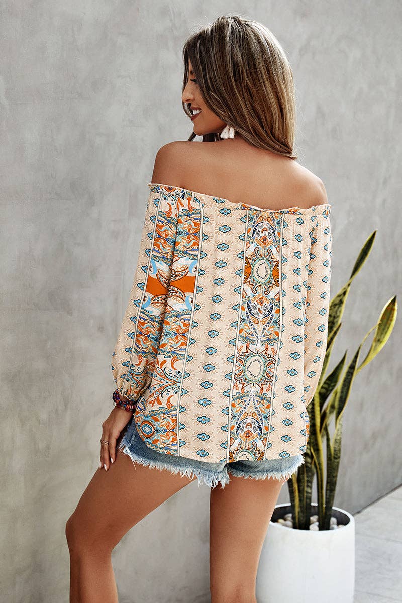 Feminine Graphic Off Shoulder Top: ORANGE / XL