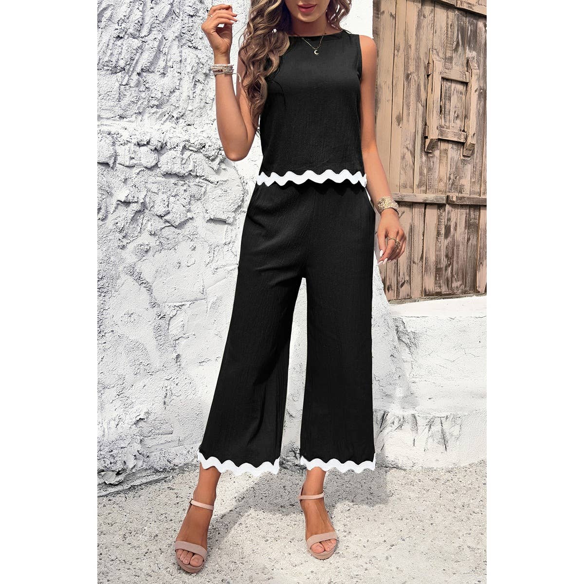 Two Pieces Printed Sleeveless Pockets Sets: BEIGE / M