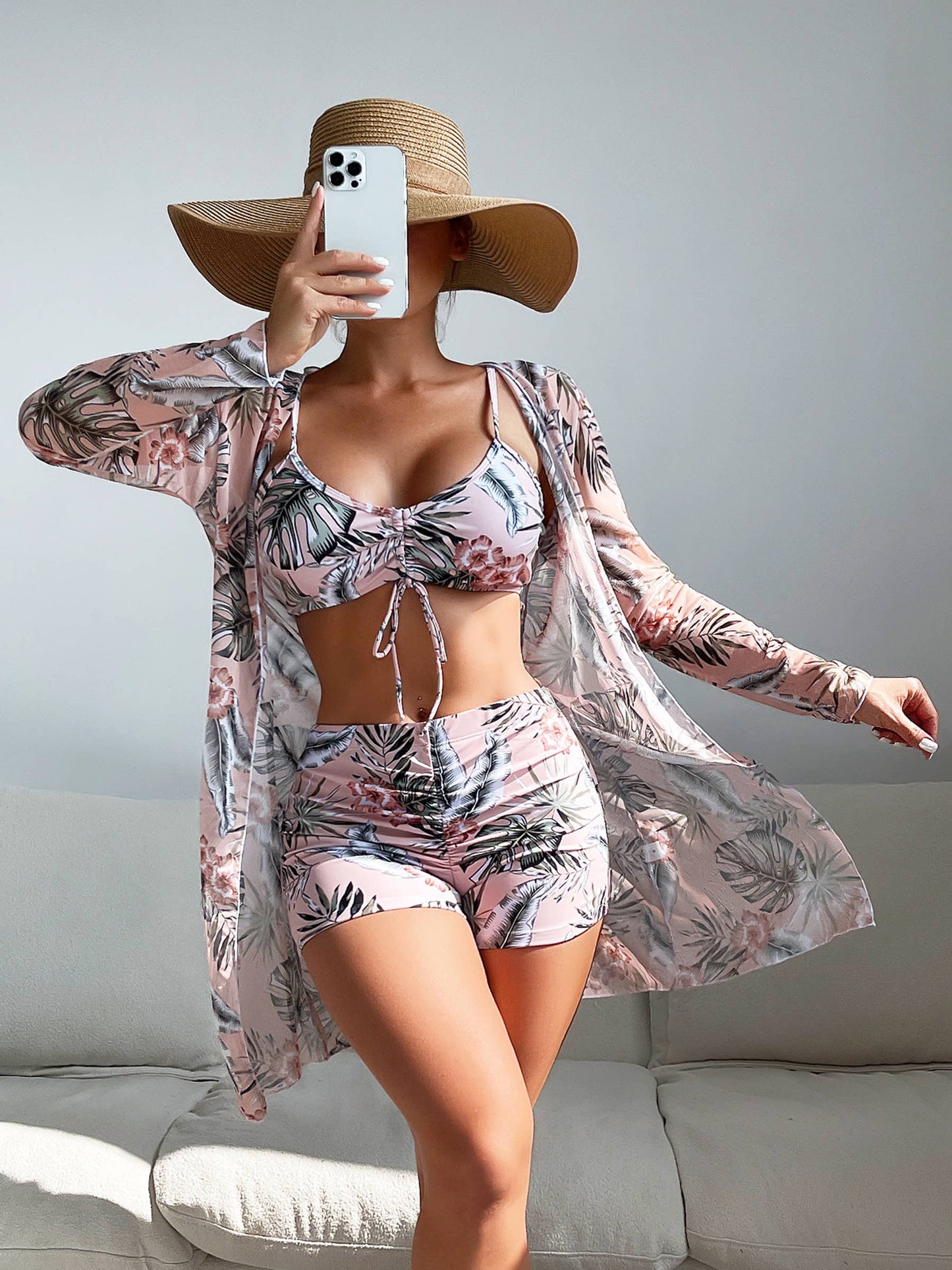Swimsuit Split Three Piece Set High Waisted Long Sleeved Top: Green / L