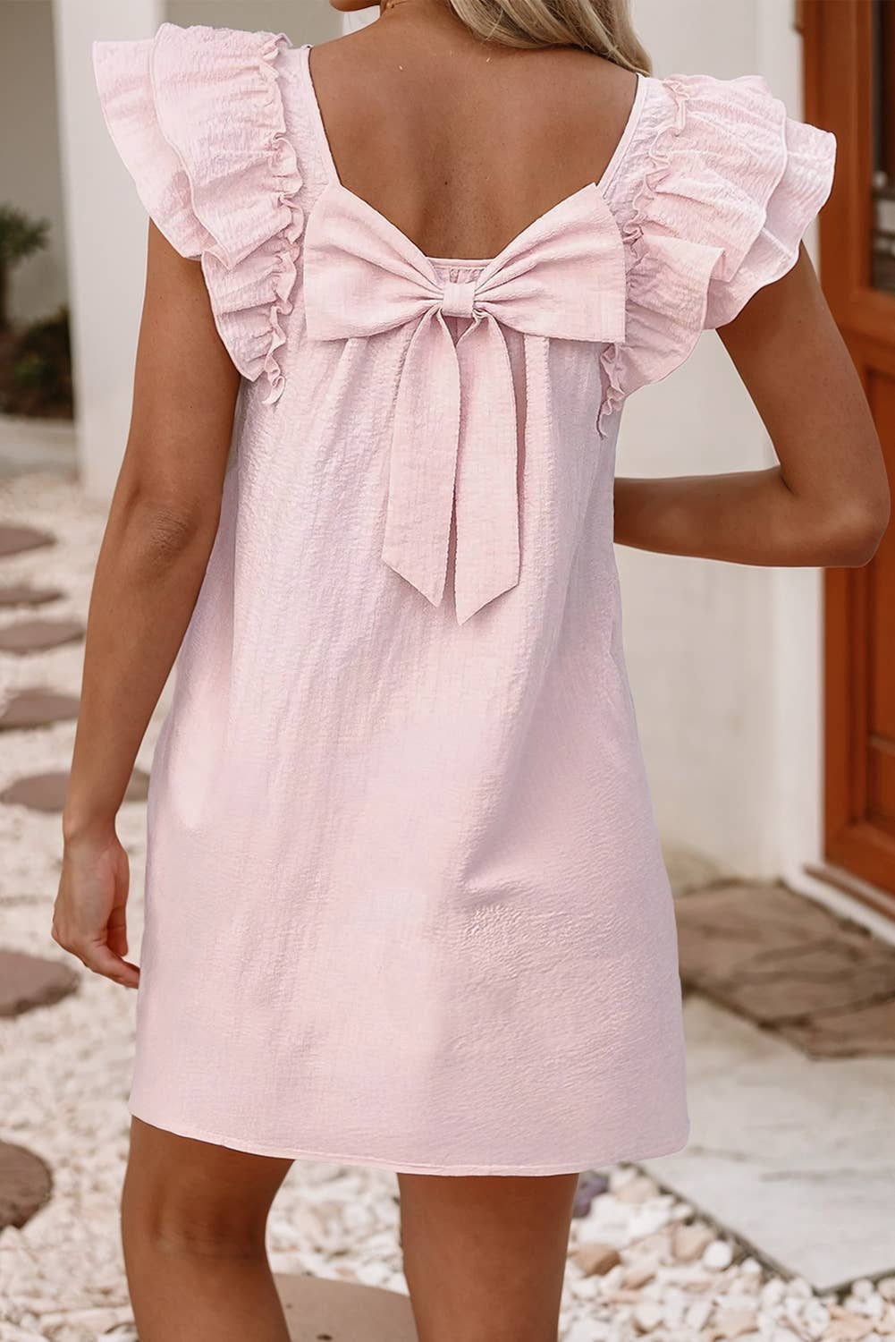 LDC Textured Flutter Sleeve Square Neck Bow Back Mini Dress: Light Pink / XL