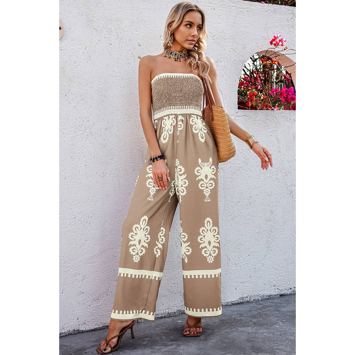 Geo Print Off Shoulder High Waist Fit Jumpsuit: Khaki / 2XL
