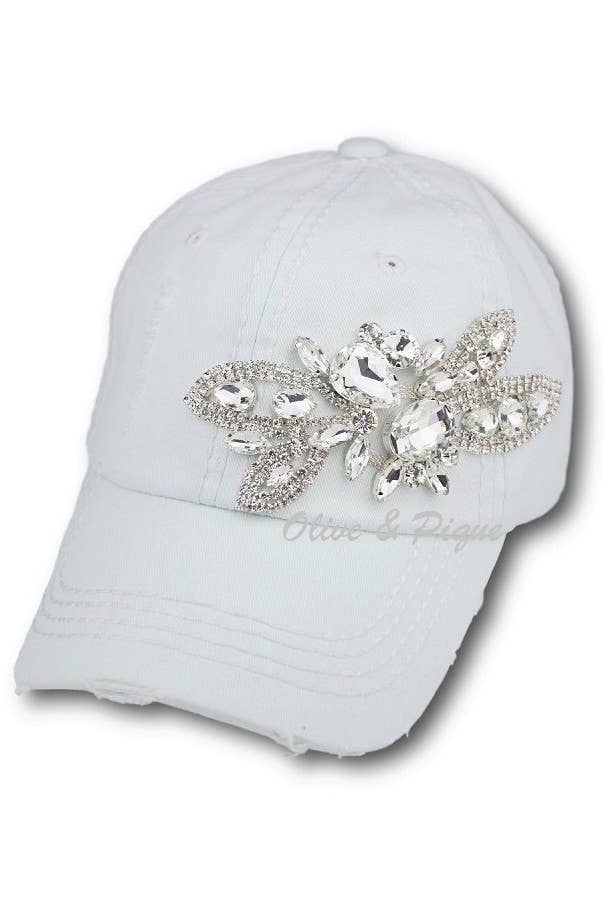 Floral Bejeweled Bling Glitz Cap, Adjustable: Black