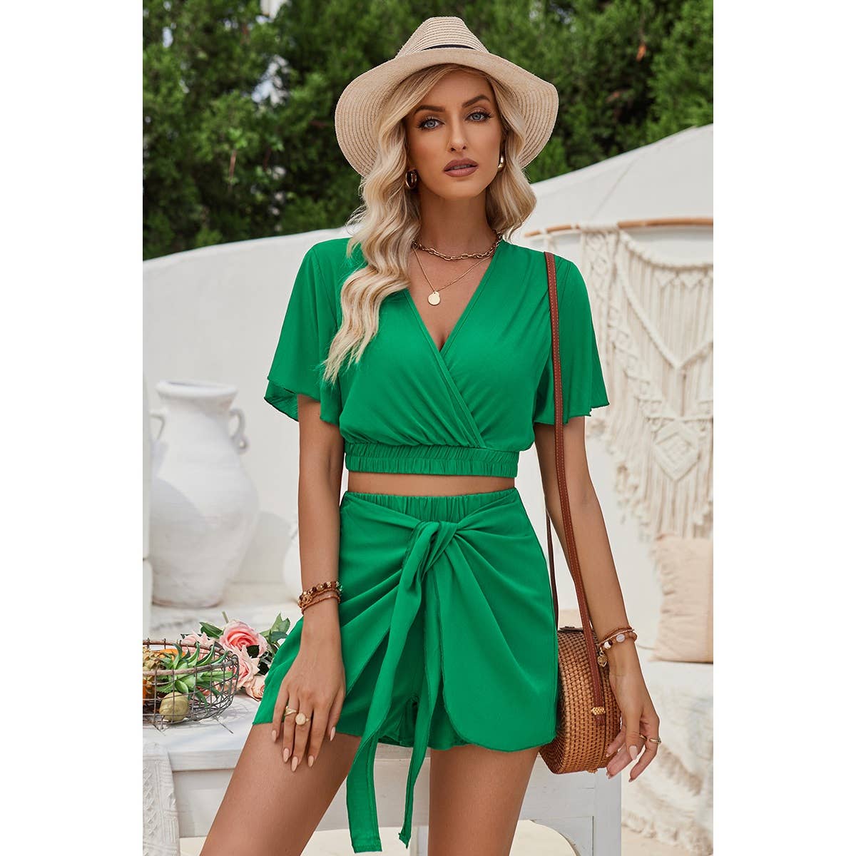 Two Pieces Cross Knot Elastic Waist Soild Sets: Rust / L