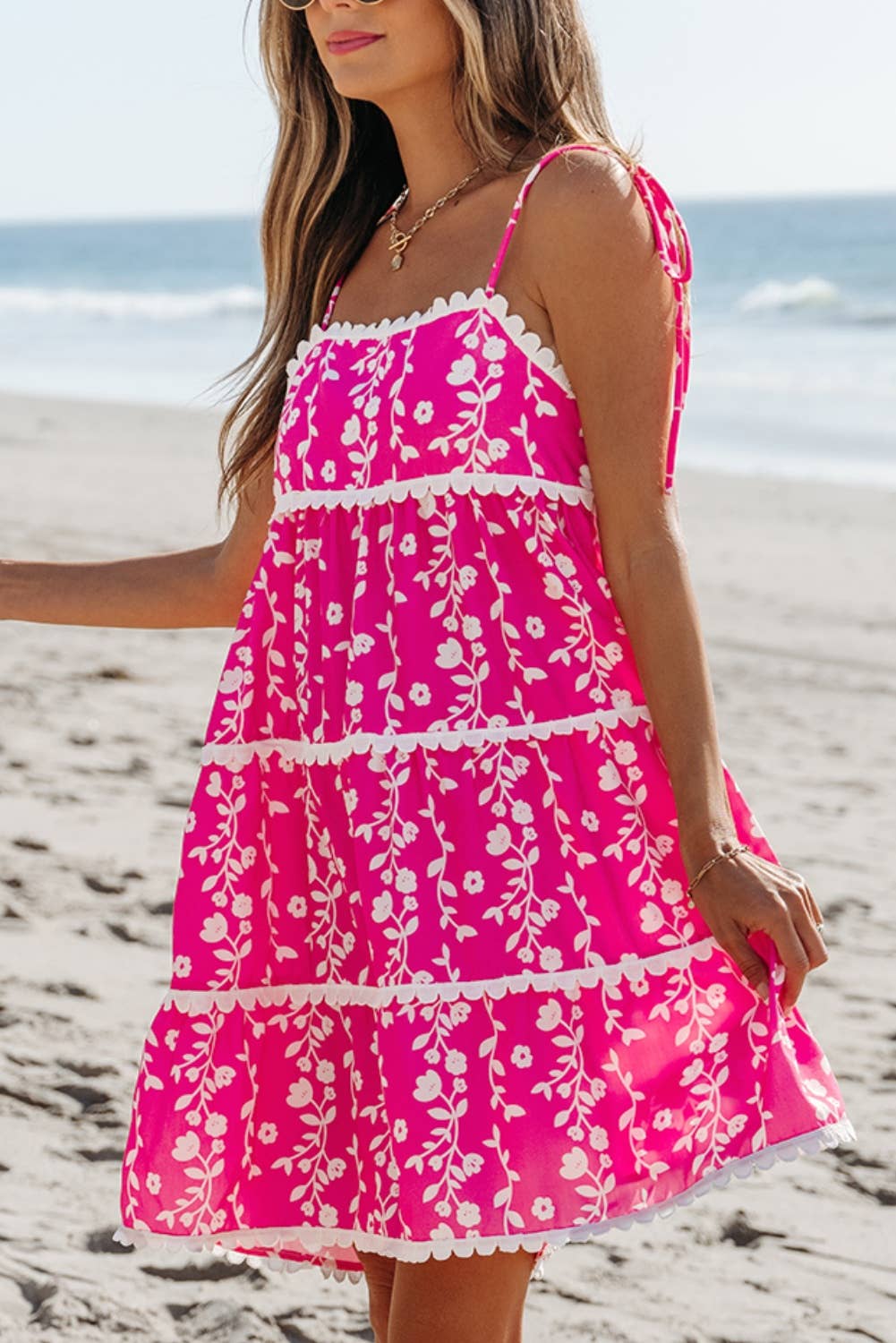 LDC Floral Print Ric Rac Patched Sleeveless Mini Dress: Pink / XL