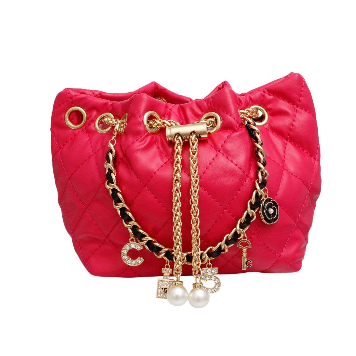 Mini Bucket Fuchsia Quilted Gold Camellia Luxe Bag: Fuschia / Gold / 9 x 4 x 5.5 inches