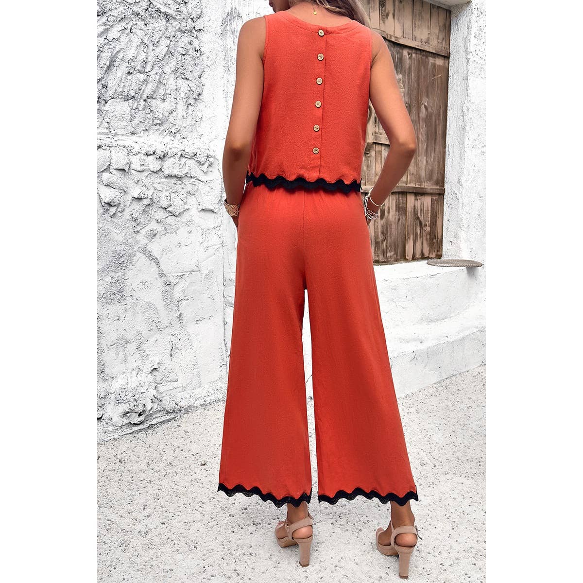Two Pieces Printed Sleeveless Pockets Sets: BEIGE / L